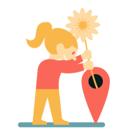 Duin-enBollenstreek_01Ambitie_Volg3_web Illustratie van een meisje die naast een 'vaas' staat, ze steekt een grote gele bloem in de 'vaas'. De 'vaas' heeft de vorm van een locatie marker.