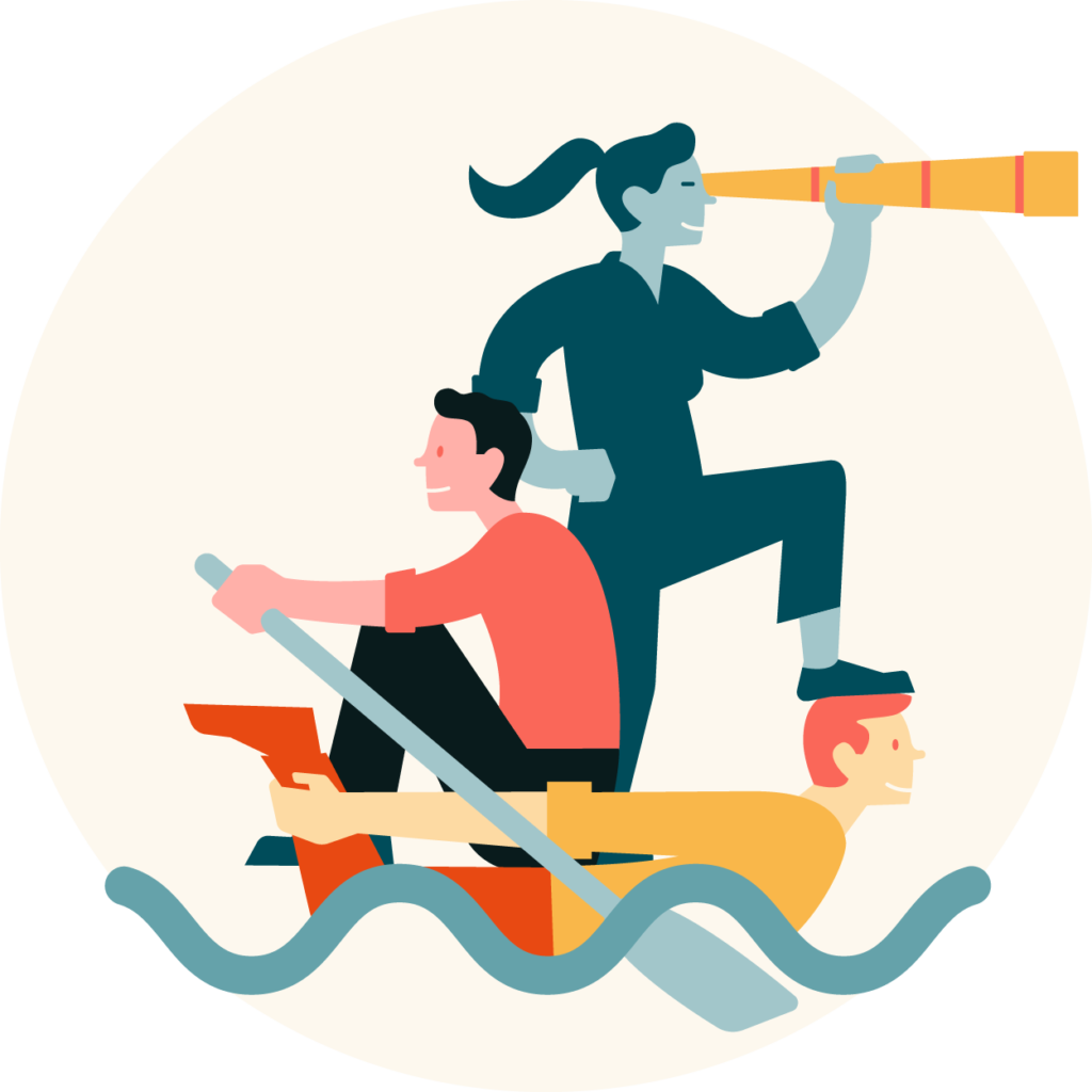 Duin-enBollenstreek_05Samenwerken_Volg1_web Illustratie van twee personen die in een 'boot' zitten, èèn kijkt door een verrekijker vooruit, de ander is aan het roeien, een derde persoon vormt de 'boot'.